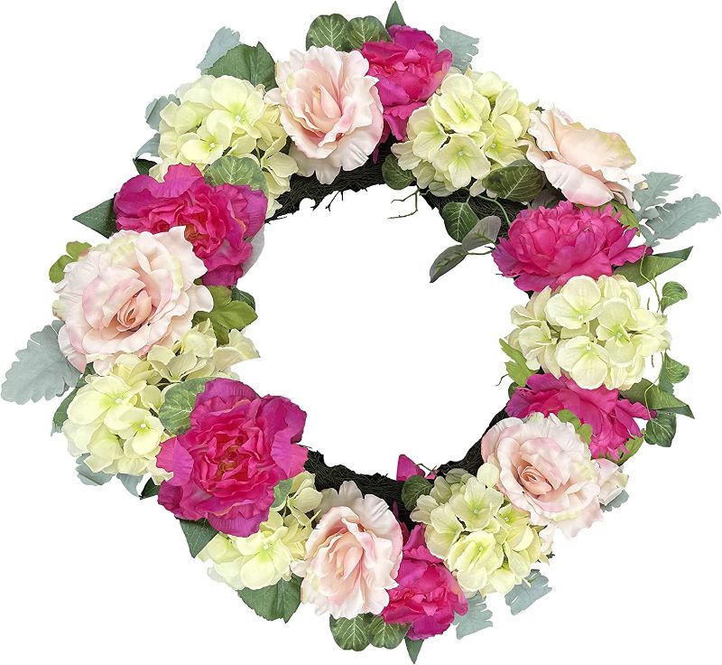 Photo 1 of Admired By Nature ABN1W003-NTRL Artificial Wreath, Beauty Peony Mix
