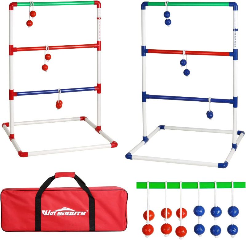 Photo 1 of WIn SPORTS Ladder Toss Outdoor Game Set Indoor Ladder Ball Toss Game with 6 Weighted Bolos, Carrying Case and Sand Weighted PVC Piping,Games for Adults, Kids, Family
