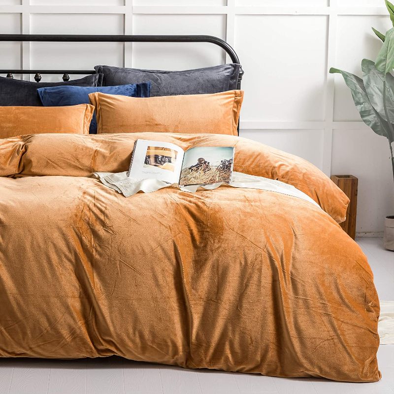 Photo 1 of  Velvet Flannel Queen Duvet Cover Set, 3 Pieces Zippered Comforter Cover Set, Camel
