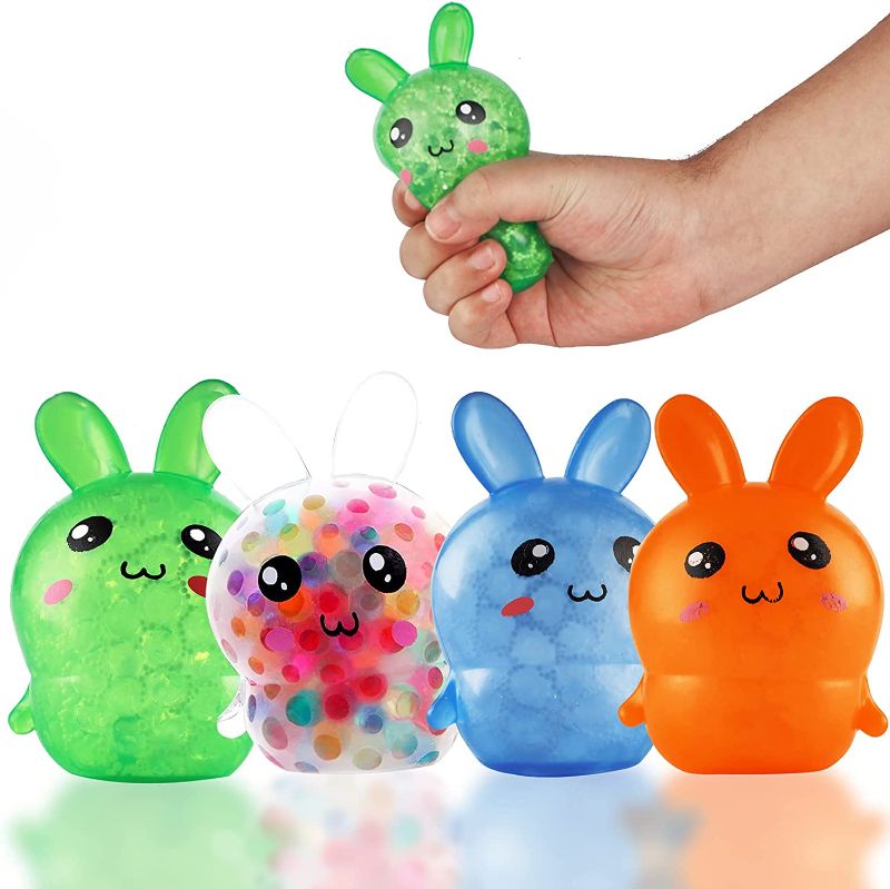 Photo 1 of Easter Basket Stuffers, 4 Pack Squishy Easter Bunny Stress Balls for Kids Adults, Teen Easter Basket Stuffers, Easter Toys Stress Relief Fidget Balls Filled...
