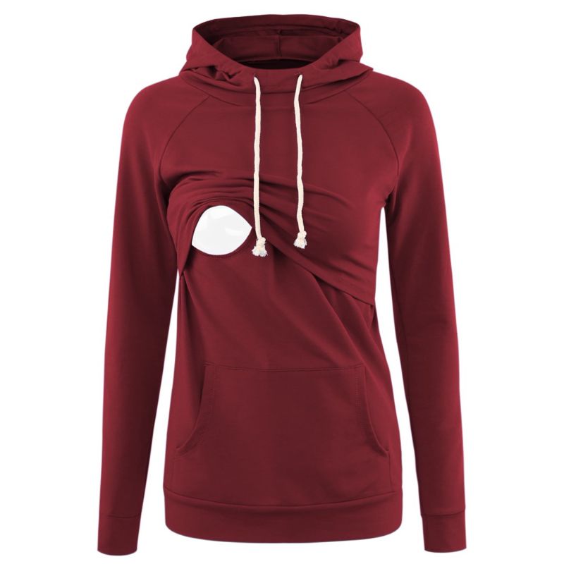 Photo 1 of Ecavus Womens Nursing Hoodie Long Sleeves Sweatshirt Breastfeeding Layered Top Pocket Casual Clothes (S Wine Red)
