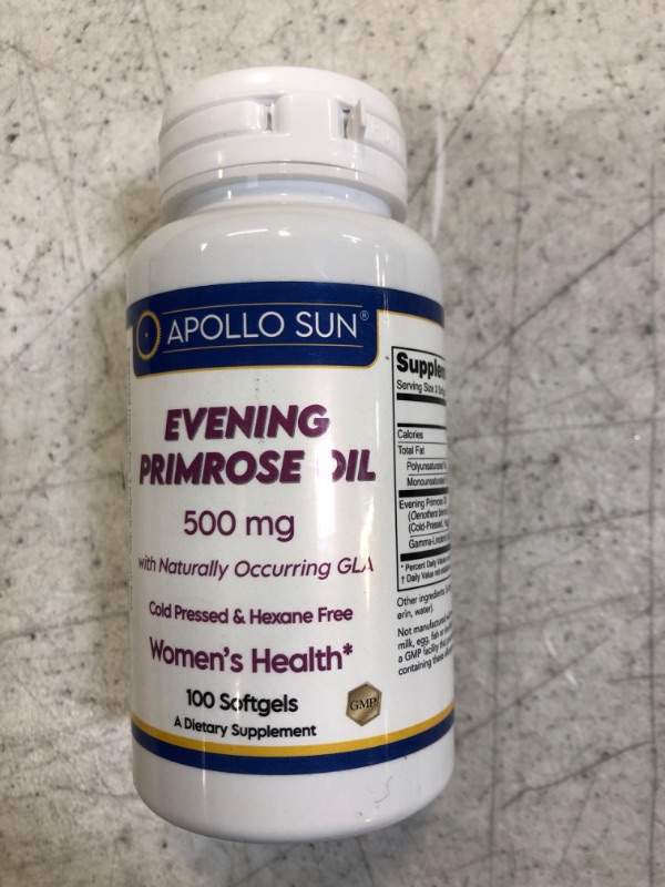 Photo 2 of APOLLO SUN Evening Primrose Oil 500mg EPO Supplement (100 Softgels)  EXP 12/2023