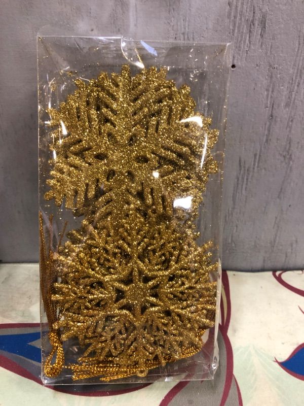 Photo 2 of 36pcs Gold Glitter Snowflake Ornaments Christmas Tree Decorations, 4 Inch Plastic Snowflake Hanging Decorations Christmas Tree Ornaments for Winter Wonderland Holiday Party