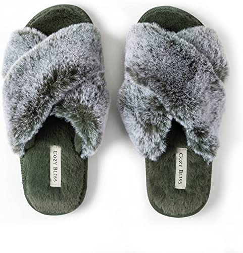 Photo 1 of Cozy Bliss Women's Faux Fur Slippers Cross Band Open Toe Breathable Fuzzy Fluffy House Slippers Memory Foam Anti-Skid Sole Indoor Outdoor Slippers
grey size 9-10