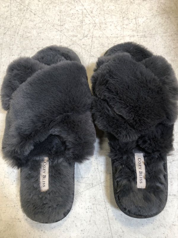 Photo 2 of Cozy Bliss Women's Faux Fur Slippers Cross Band Open Toe Breathable Fuzzy Fluffy House Slippers Memory Foam Anti-Skid Sole Indoor Outdoor Slippers
