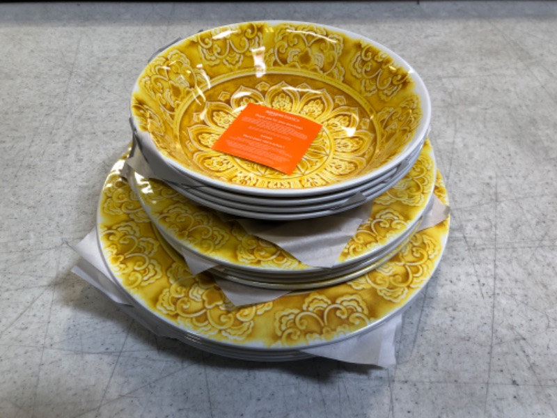 Photo 2 of Amazon Basics Melamine Dinnerware Set, Service for 4, Faded Glaze Yellow - Set of 12 Faded Glaze Yellow Dinnerware Set
