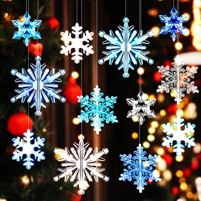 Photo 1 of 24 Pieces Clear Snowflake Ornaments Plastic Acrylic Christmas Snowflake Ornaments Hanging Decorations Xmas Tree Pendant Christmas Winter DIY Decoration, Assorted Sizes 1.8, 1.96, 2.2, 2.95 Inch