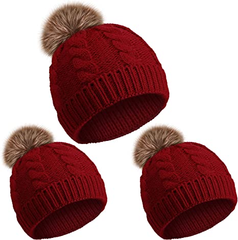 Photo 1 of 3 Pcs Parent Child Hat Knitted Baby Beanie Mother Daughter Hat Warm Knit Hat Pom Pom Parent Baby Beanie Hats for Winter
