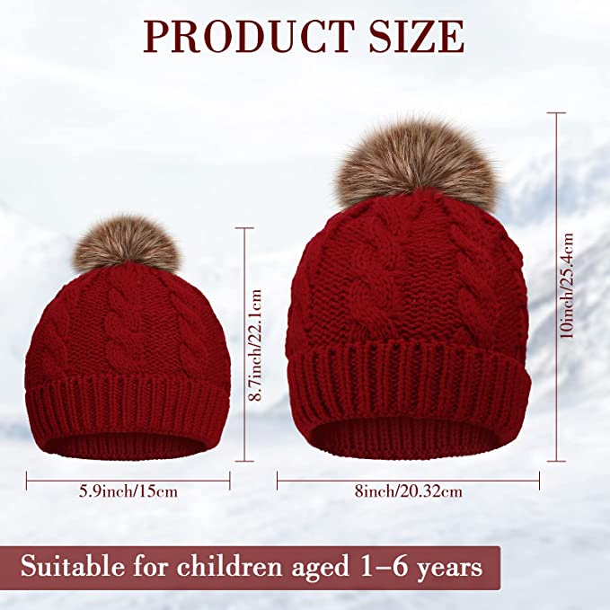 Photo 2 of 3 Pcs Parent Child Hat Knitted Baby Beanie Mother Daughter Hat Warm Knit Hat Pom Pom Parent Baby Beanie Hats for Winter
