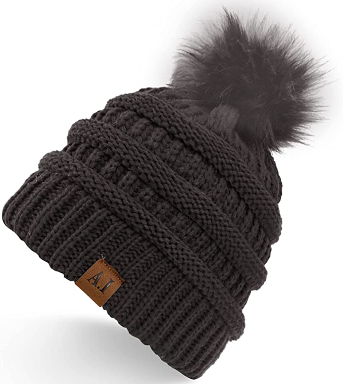 Photo 1 of Aimiou Womens Winter Beanie Hat Knit Skull Warm Hats Snow Cap with Faux Fur Pom
