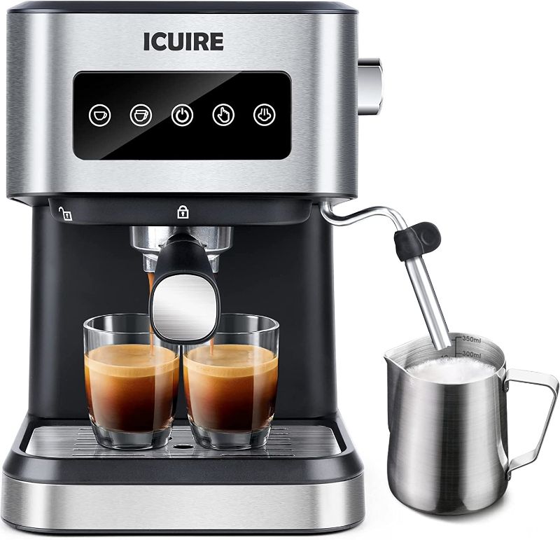 Photo 1 of ICUIRE Espresso Machine with Milk Frothing Pitcher, 20 Bar Expresso Coffee Machine, 1.5L Removable Water Tank, Semi-Automatic Coffee Machine with Steam Wand for Espresso, Latte, and Cappuccino, 1050W
