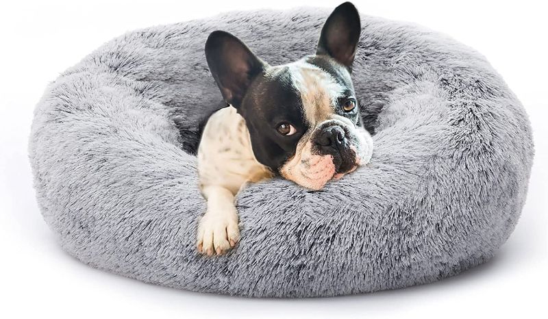 Photo 1 of 30 inches Fluffy Round Calming Dog Bed Plush Faux Fur, Anxiety Donut Dog Bed for Small Dogs and Cats, Pet Cat Bed with Raised Rim, Machine Washable, Light Grey