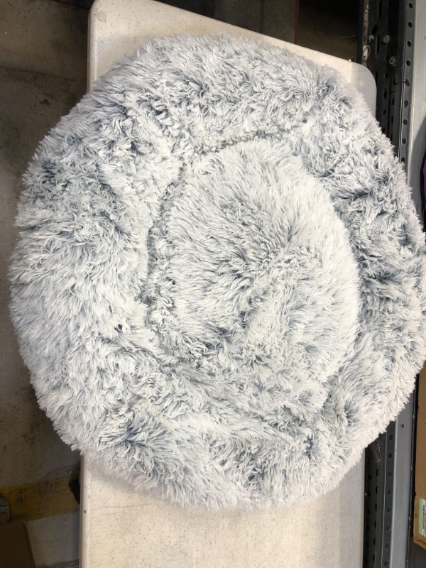 Photo 2 of 30 inches Fluffy Round Calming Dog Bed Plush Faux Fur, Anxiety Donut Dog Bed for Small Dogs and Cats, Pet Cat Bed with Raised Rim, Machine Washable, Light Grey