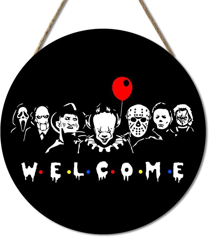 Photo 1 of 2 Pack Bundle - Halloween Door Hanger Black Welcome Door Sign Fear Decor Round Wood Hanging Sign Halloween Wall Hanging Sign