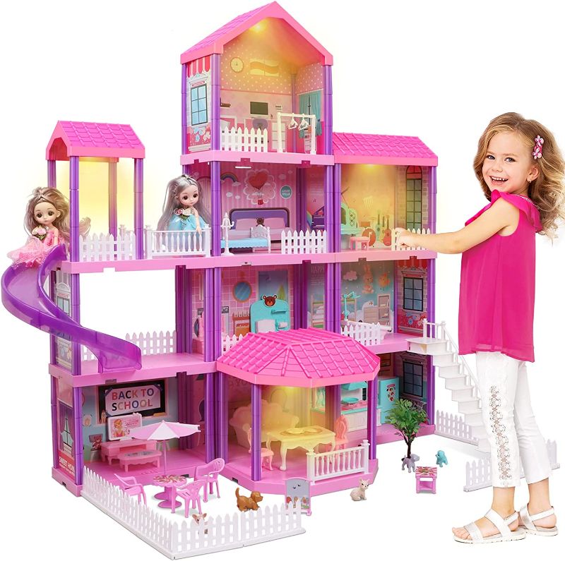 Photo 1 of Doll House, Dollhouse w/ Furniture - Pink / Purple Girl Toys | 4 Stories, 11 Rooms w/ 2 Princesses, Slide, Lights, Gifts for 3 4 5 6 7 8 9 10 Year Old Girls Toys(27.6" x 26.8" x 35.8") -- Parts Loose in Box, Unknown if any missing pieces 