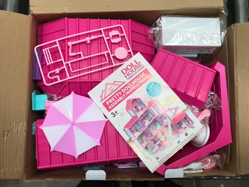Photo 1 of Doll House, Dollhouse w/ Furniture - Pink / Purple Girl Toys | 4 Stories, 11 Rooms w/ 2 Princesses, Slide, Lights, Gifts for 3 4 5 6 7 8 9 10 Year Old Girls Toys(27.6" x 26.8" x 35.8") -- Parts Loose in Box, Unknown if any missing pieces 