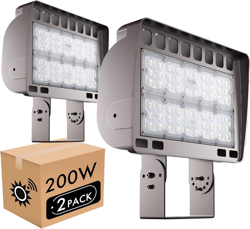 Photo 1 of 200W LED Outdoor Flood Parking Lot Light, 28000lm Super Bright, Dusk to Dawn Photocell Sensors, 5000K Daylight White, IP65 Waterproof Security Light for Gardens Yards (2 Pack) --- Box Packaging Damaged, Item is New

