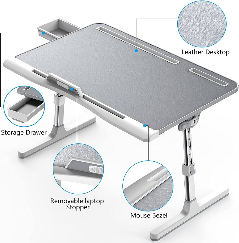 Photo 1 of Laptop Bed Tray Table, Adjustable Laptop Desk for Bed, Portable PVC Leather Desktop Lap Desk with Storage Drawer, Foldable Lap Desk for Sofa Couch Floor (Gray,X-Large) --- Box Packaging Damaged, Item is New

