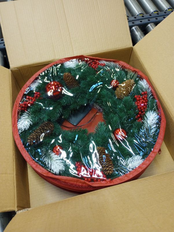 Photo 3 of 18 Inches Pre-Lit Artificial Christmas Wreath, Lighted Christmas Wreath for Front Door with Battery Operated 40 LED Lights, Decorated with Pine Cones, Berry Clusters, Xmas Collection Green --- item is new, cover bottom dirty as shown in pictures