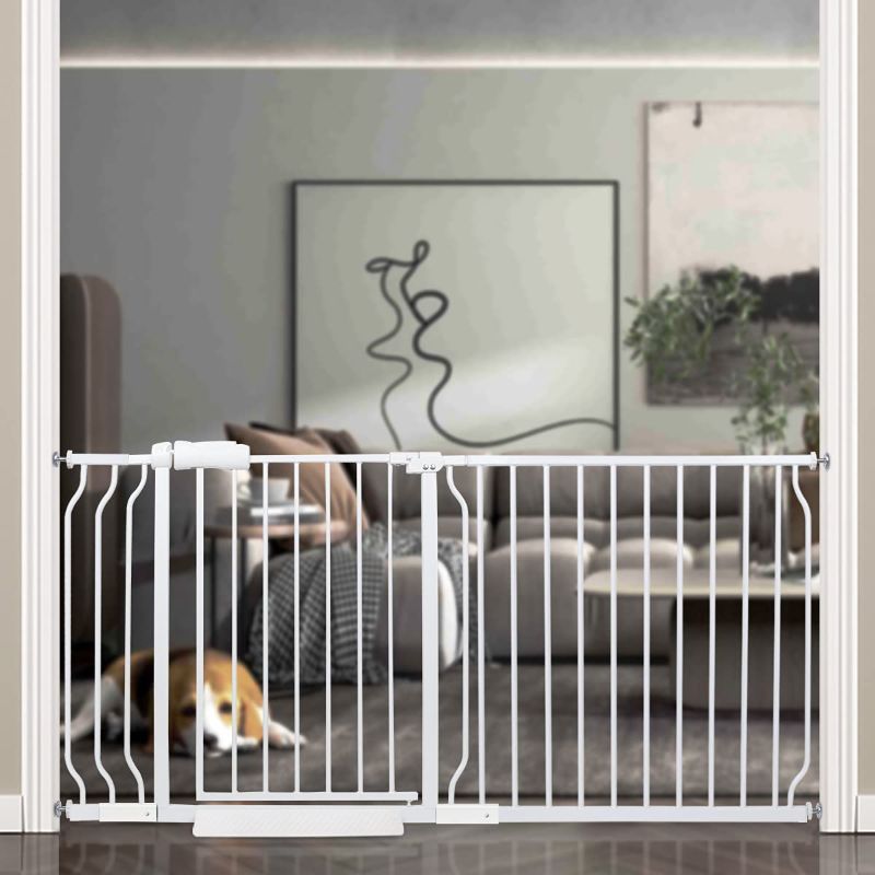 Photo 1 of BELABB Extra Wide Baby Gate Tension Indoor Safety Gates White Metal Large Pet Gate Pressure Mounted Walk Through Long Dog Gate for The House Doorways Stairs (62.2 Inch-66.9 Inch/158cm-170cm, White) --- Box Packaging Damaged, Item is New

