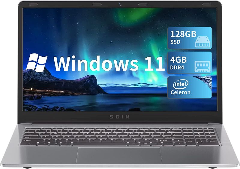 Photo 1 of SGIN Laptop 15.6 Inch, 4GB DDR4 128GB SSD Windows 11 Laptops with Intel Celeron N4020C(up to 2.8 GHz), Intel UHD Graphics 600, Mini HDMI, WiFi, Webcam, USB3.0, Bluetooth 4.2