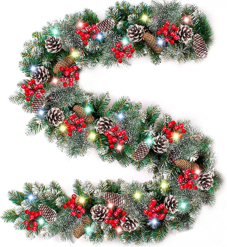 Photo 1 of 9 Ft 100 Color LED Prelit Artificial Christmas Garland Lights Timer 8 Mode 250 Branch Snowy Bristle 198 Red Berry 18 Big Pinecone Xmas Garland Battery Operated Christmas Decoration Mantle Indoor Home --- Box Packaging Damaged, Item is New

