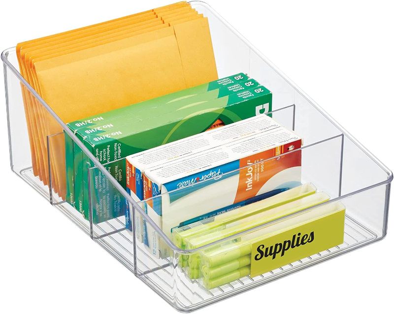 Photo 1 of 
mDesign Plastic Office Storage Bin with Divided 4 Compartments for Cabinet, Desk, Drawers, or Shelf to Organize Notebooks, Receipts, Paper Clips, Staples, and Supplies - 1 Bin + 32 Labels - Clear
