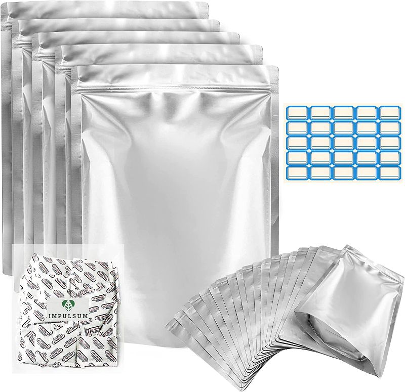 Photo 1 of 25 Pcs 1 Gallon 13 Mil Mega Thick Mylar Bags for Food Storage with Oxygen Absorbers 300cc - Large Mylar Bags 1 Gallon - Mylar Bags for Food Storage - Mylar Bags Stand Up - 1 Gallon Mylar Bags
