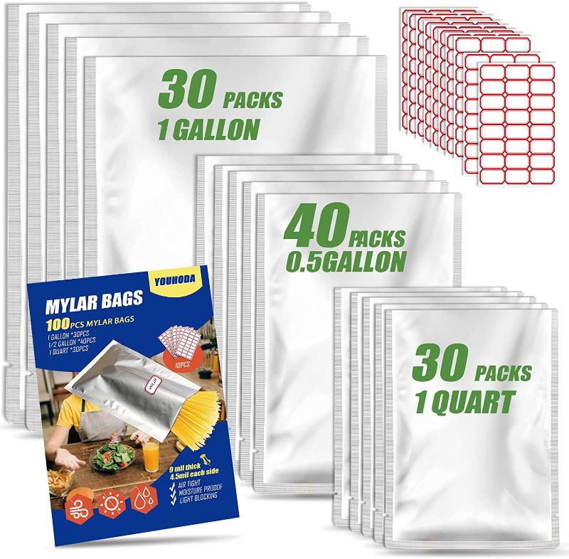 Photo 1 of Mylar Bags for Food Storage 100pcs, Heat Sealable Storage Bags with Labels for Coffee Tea Beans Dry Food, 9 Mil Resealable Mylar Vaccum Seal Bags for Heat Sealer 1 Gallon 1/2 Gallon 1 Quart
