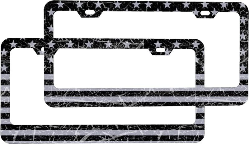 Photo 1 of 2 Pcs American Flag License Plate Frames for Men Women Car Patriotic License Plates Covers Aluminum Metal License Plate Holder Auto Car Tag with 4 Holes Screws Standard
