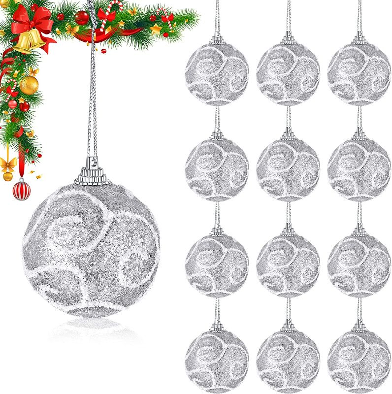 Photo 1 of 12 Pcs 2.36 Inch Christmas Balls Ornaments Glitter Decoration for Tree Xmas Ball Set Vintage Foam Christmas Tree Decor Hanging Ornaments Accessories for Holiday (Silver)
