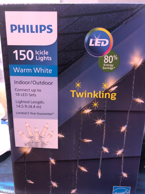 Photo 2 of Philips 150 Twinkling LED Warm White Faceted Mini Icicle Lights on White Wire - 30 Drops - UL Listed for Indoor/Outdoor Use - 16.8' Length with 3" Bulb Spacing and 6" Drop Spacing - Winter Decorations