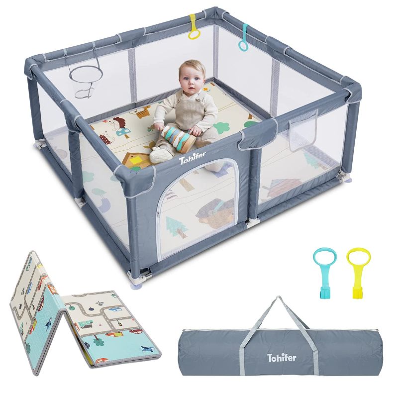 Photo 1 of Baby Playpen with Mat, Large Baby Playard for Toddler, BPA-Free, Non-Toxic, Safe No Gaps Play Yard for Babies, Indoor & Outdoor Kids Activity Center 47"x47"x26.5" with 0.4" Foldable Playmat ( USED ITEM )
