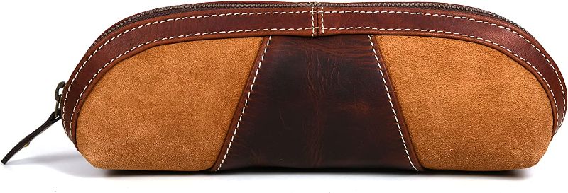 Photo 1 of Aaron Leather Goods Zippered Pen, Pencil & Marker Cases Genuine Leather Art Supplies Storing Kit Suede Canvas (Suede Leather - Caramel)
