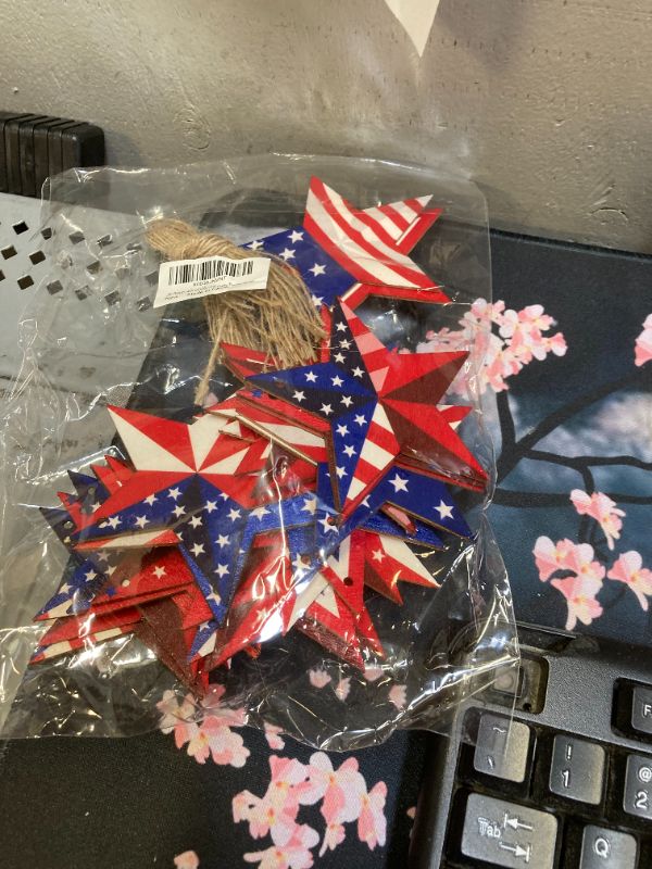 Photo 2 of 30 Pieces 4th of July Wooden Star Ornaments Patriotic Star Shaped American Flag Hanging Ornaments Wooden Cutout Slices with Hanging Twine for 4th July Party Decorations