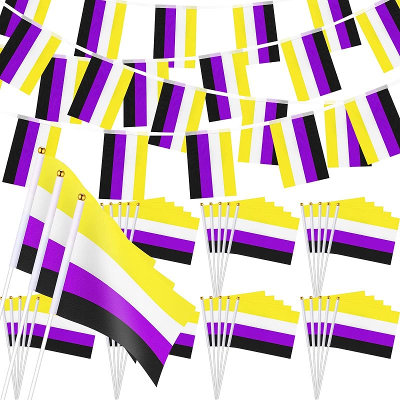 Photo 1 of 120 Pcs Pride Flag Decorations Lgbtq Rainbow 68 Feet 80 Pcs Gay Pride String Flag Banners and 40 Pcs Small Hand Flags with Sticks, Assorted Flags for Gay Parade Festival Carnival Party (Non Binary)
