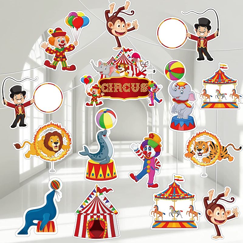 Photo 1 of 24 Pcs Circus Carnival Party Decorations 13 x 12 Inch Circus Theme Hanging Party Supplies Colorful Carnival Baby Shower Decor Double Sided Circus Birthday Favor for Kids Ceiling Wall Decor
