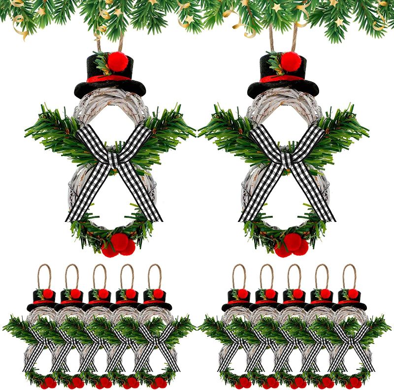 Photo 1 of 12 Pcs Mini Christmas Wreaths Decoration Snowman Shape Wreath Ornaments Grapevine Wreath with Hat and Bow Christmas Wreath Decor for Christmas Tree Wall Decoration, 4.7 Inch (Black and White Bow)
