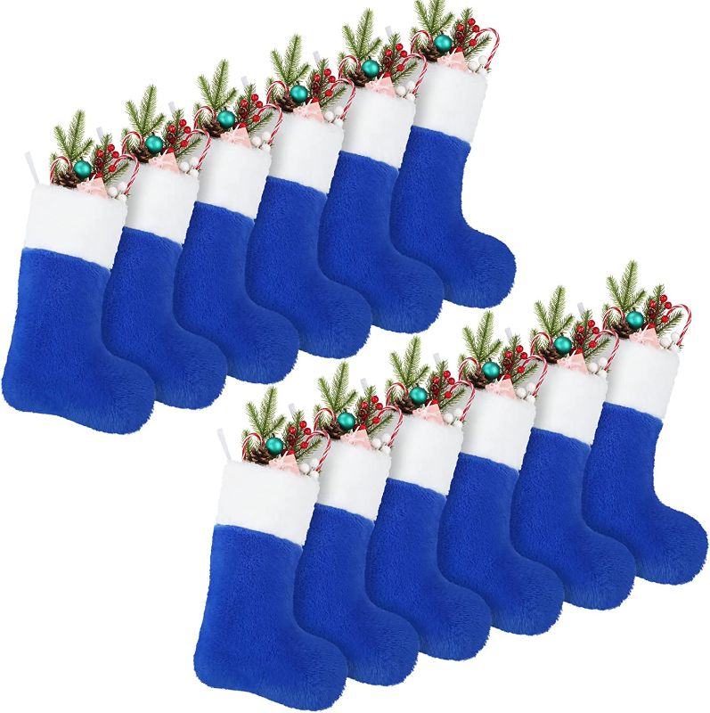 Photo 1 of 15 Inch Christmas Stocking 12 Pcs Plush Stocking Hanging Decoration Xmas DIY Stocking with White Plush Cuff Classic Stocking for Christmas Tree Stairs Fireplace Family Holiday Party Ornaments (Blue)
