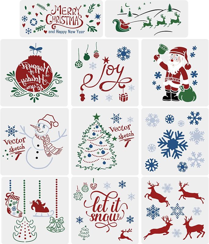 Photo 1 of 11 Pieces Christmas Stencils for Painting on Wood Assorted Reusable Plastic Holiday Stencils Christmas Trees Farmhouse Stencils Santa Claus Craft Stencils Snowman Reigndeer Stencil for DIY Wood Sign
