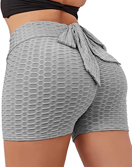 Photo 1 of BZB Butt Lifting Yoga Shorts for Women Bow Tie High Waist Tummy Control Hot Pants Textured Sports Gym Running Beach Shorts SMALL 
