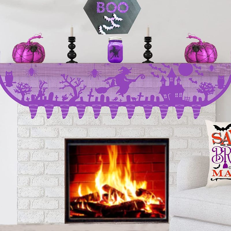 Photo 1 of 2 PACK--Halloween Mantle Scarf for Fireplace Decorations - Lace Witch Hat Haunted House Ghost Mantle Cover Garland Runner for Halloween Living Room Decorations - Gothic Halloween Decorations Indoor (Purple)

