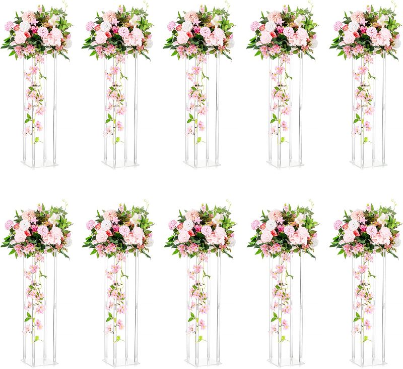 Photo 1 of Acrylic Vases Wedding Centerpieces for Tables - 10 Pcs Clear Column Flower Stand, 31.5in Tall Flower Vases for Centerpieces, Inweder Geometric Vases for Centerpieces Bulk, Birthday Party, Home Decor
