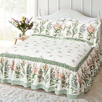 Photo 1 of 100% Cotton Ruffle Bed Skirt with Quilted Platform-Queen 20? Deep Drop Floral Bedspread 3-Side Dust Ruffle Drape Fitted Sheet (Beige, Full)