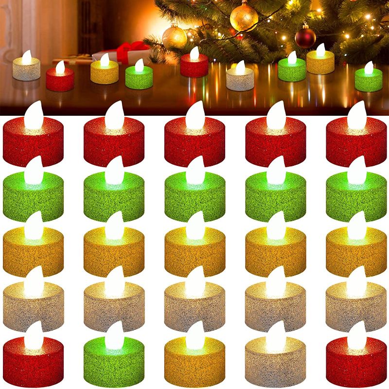 Photo 1 of 36 Packs Christmas Candle Glitter Battery Operated LED Tea Lights Flickering Flameless Fake Tealights Candle with Warm White for Wedding Christmas Party Table Decor, Gold, Silver, Red, Green
