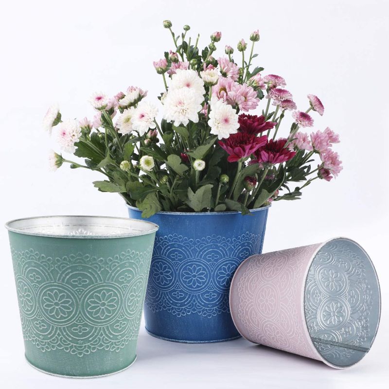 Photo 1 of 6 Pack Flower Plant Pots Set Plant Basket Indoor Outdoor Planters, Metal Containers of 3 Sizes and Colors with Retro Floral Pattern, for Succulent and Different Size Plants , Blue, Pink, Green
