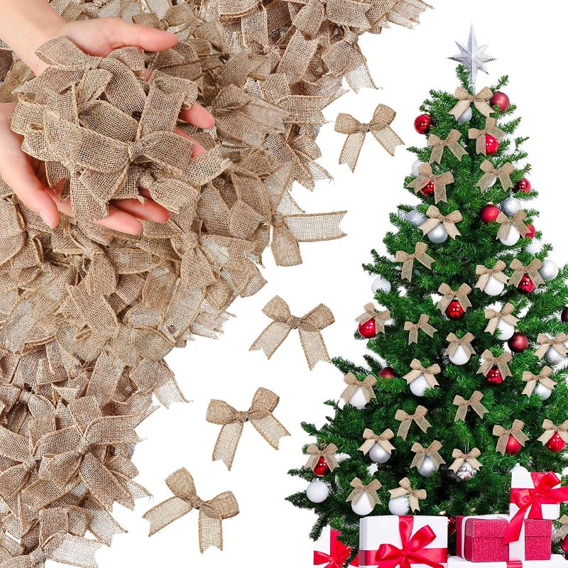 Photo 1 of 80 Pieces Burlap Bows 3.54 Inch Handmade Burlap Bow Natural Bowknot Decorative for Christmas Decoration Tree Festival Holiday Party Supplies

