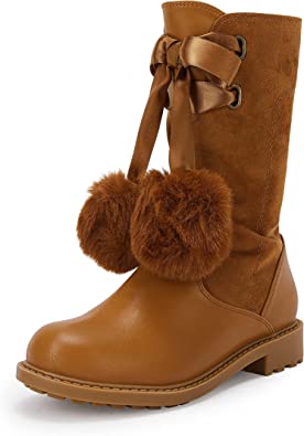 Photo 1 of Coutgo Girls' Boots Mid Calf Lug Sole Side Zipper Winter Boot with Bowknot Pom-poms SIZE 10
