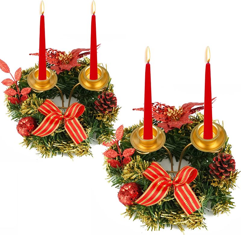 Photo 1 of  Christmas Centerpiece with 2 Candle Holders, 5.9 Inch Poinsettia Wreath Ring Candleholder Set Candelabrum with Glittery Pinecones Bowknot for Dining Room Table Mantel - Set of 2