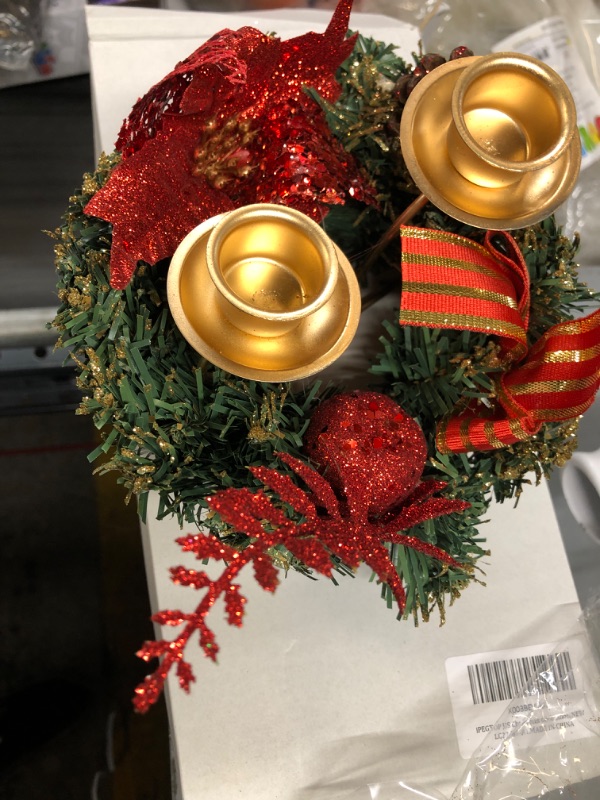 Photo 2 of  Christmas Centerpiece with 2 Candle Holders, 5.9 Inch Poinsettia Wreath Ring Candleholder Set Candelabrum with Glittery Pinecones Bowknot for Dining Room Table Mantel - Set of 2